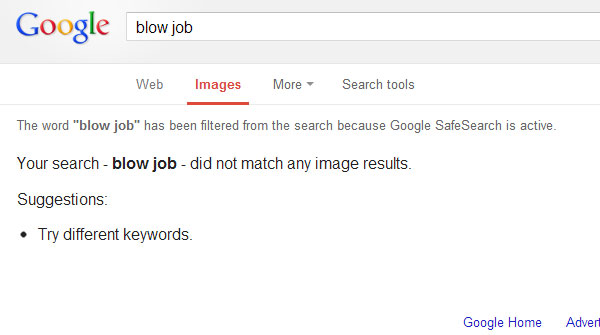 Google search for blow job, with SafeSearch on - screenshot.