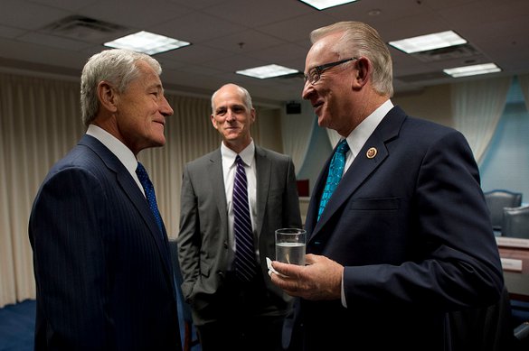 Secretary of Defense Chuck Hagel and Drone Caucus and Armed Services Comittee boss - U.S. Congressman Buck McKeon - courtesy Chuck Hagel
